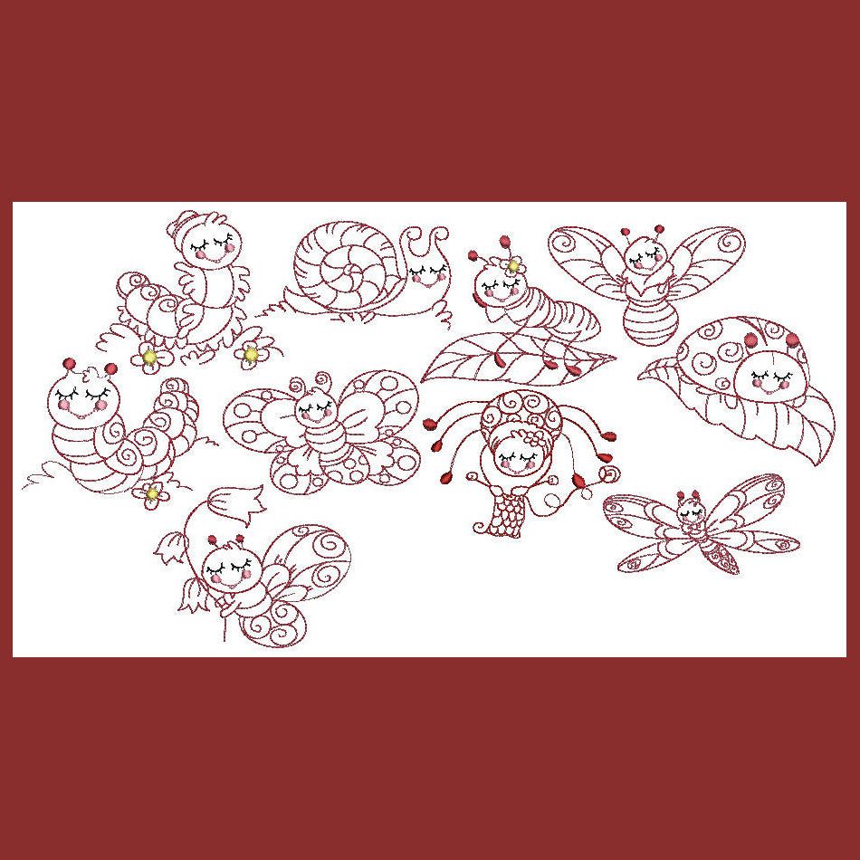 Sleeping Bugs Redwork - a-stitch-a-half