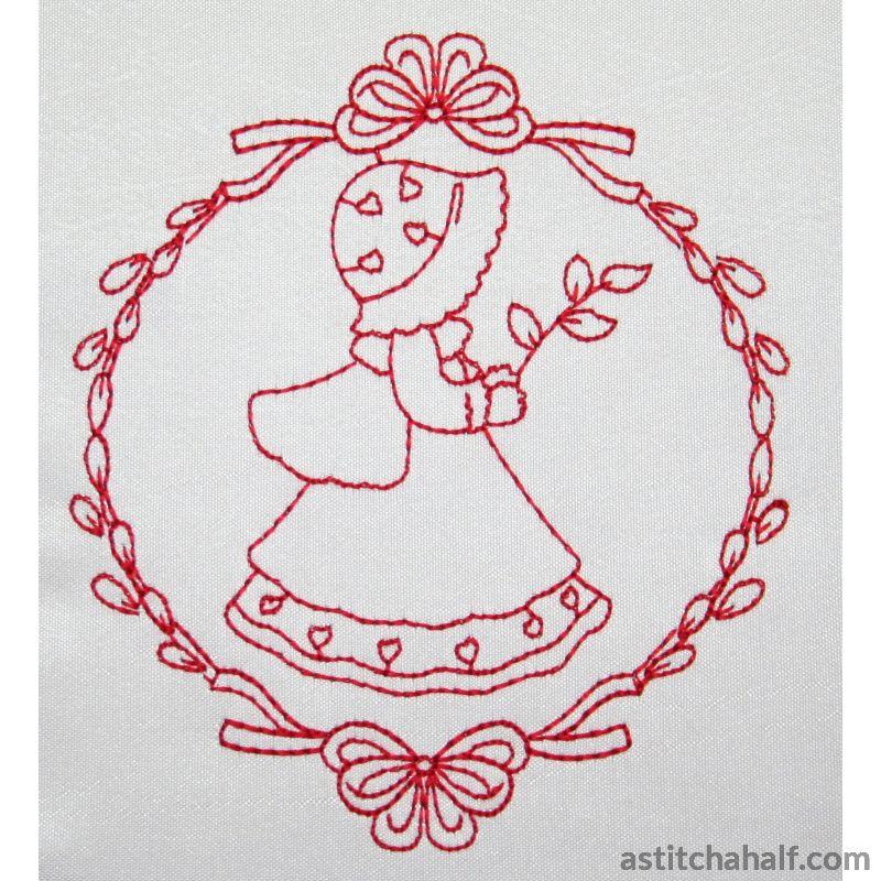 Bonnets and Bows Redwork - a-stitch-a-half