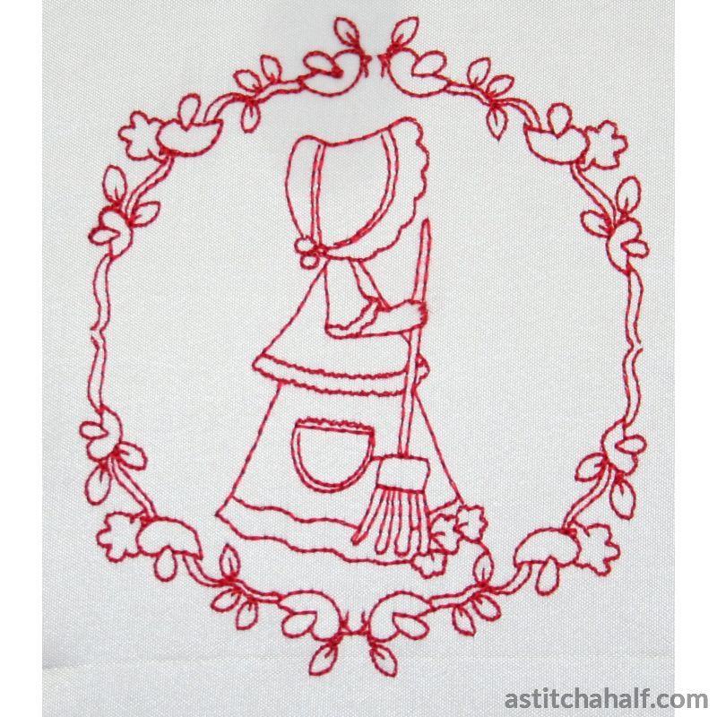 Bonnets and Bows Redwork - a-stitch-a-half