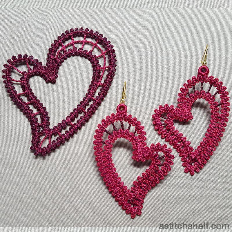Freestanding Lace Battenburg Heart Earrings and Pendant