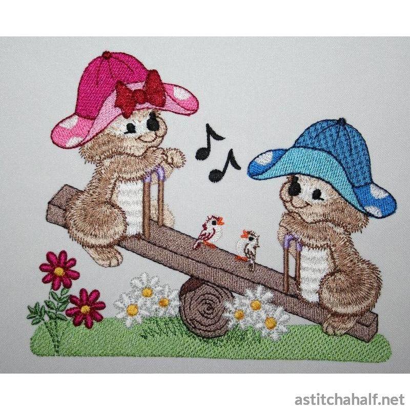 Fuzzy Jacob and Emma on the Teeter Totter - a-stitch-a-half