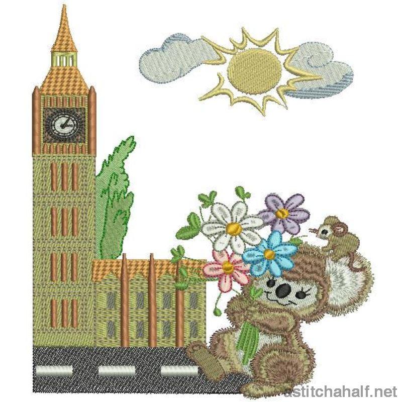 Fuzzy Oliver at Big Ben in London - a-stitch-a-half