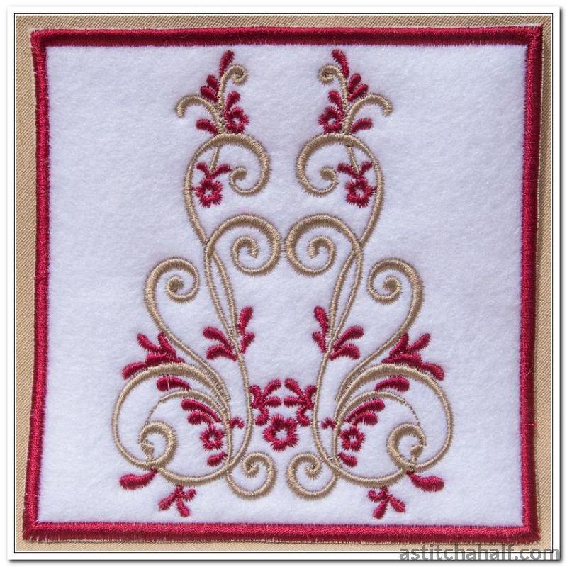 Vintage Burgundy Mug Rug and design - aStitch aHalf